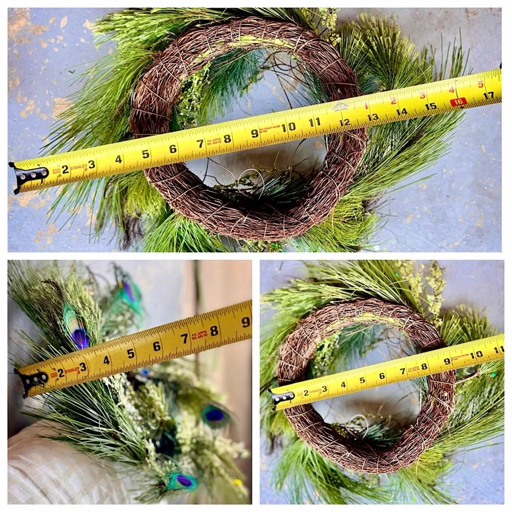 17” PEACOCK FEATHER Maximalist Wreath w Gems & Crystals on Grapevine Ring Base